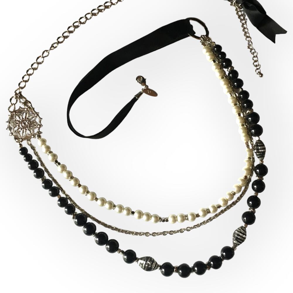 NY brand black and faux pearl mixed media ribbon necklace